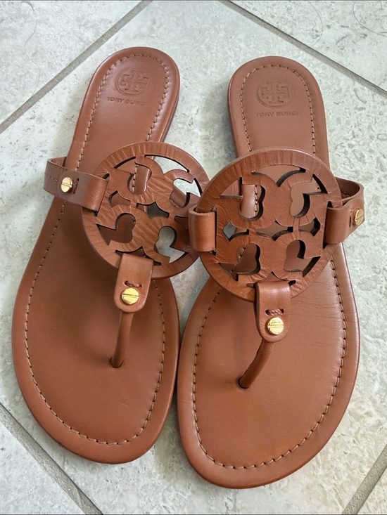 Tory Burch Shoes - Tory Burch Brown Leather Logo Thong Sandals with Gold Accent